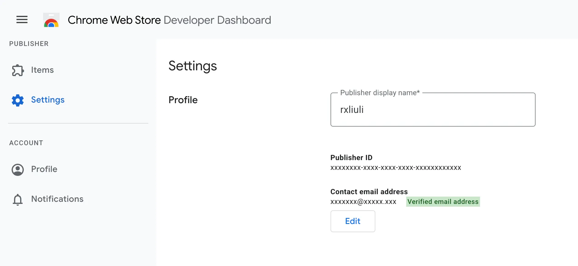 The Settings → Profile page in the Chrome Web Store Developer Dashboard, showing the Publisher ID field