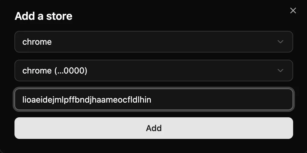 The “Add a store” dialog for the Redirector extension, with Chrome selected and its real Chrome Web Store item id filled in