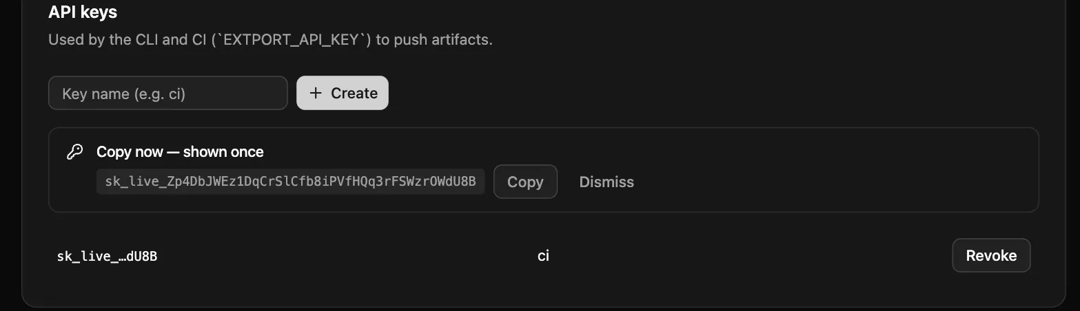 The API keys panel right after creating a key named “ci”, showing the full sk_live_… value in a “copy now — shown once” banner