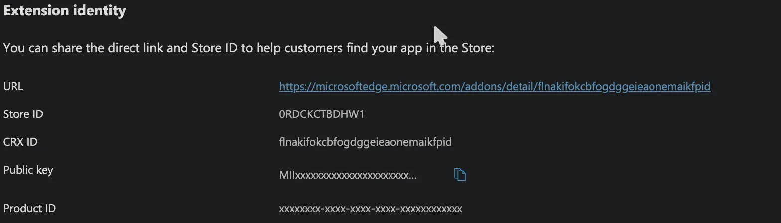 The Extension identity section of a Partner Center extension, showing Store ID, CRX ID, and Product ID