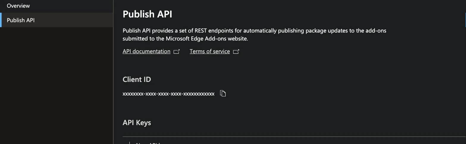 The Publish API page in Microsoft Partner Center, showing the Client ID and API Keys list