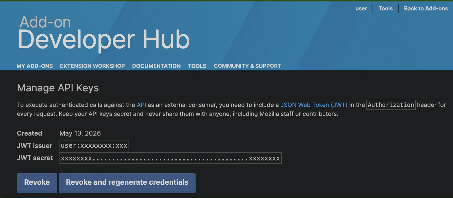 The Manage API Keys page in the AMO Developer Hub, showing the JWT issuer and JWT secret fields