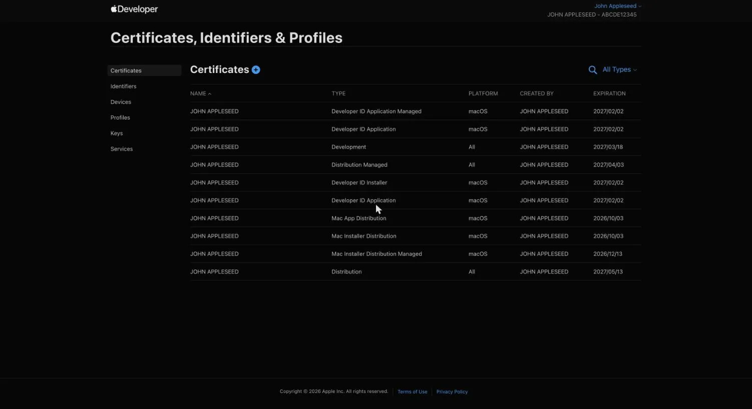The Apple Developer Certificates page, showing the certificate list with its Type column (“Distribution”, platform “All”) and the + button for creating a new one