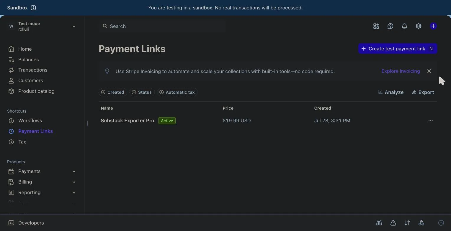 Stripe’s Payment Links list in test mode